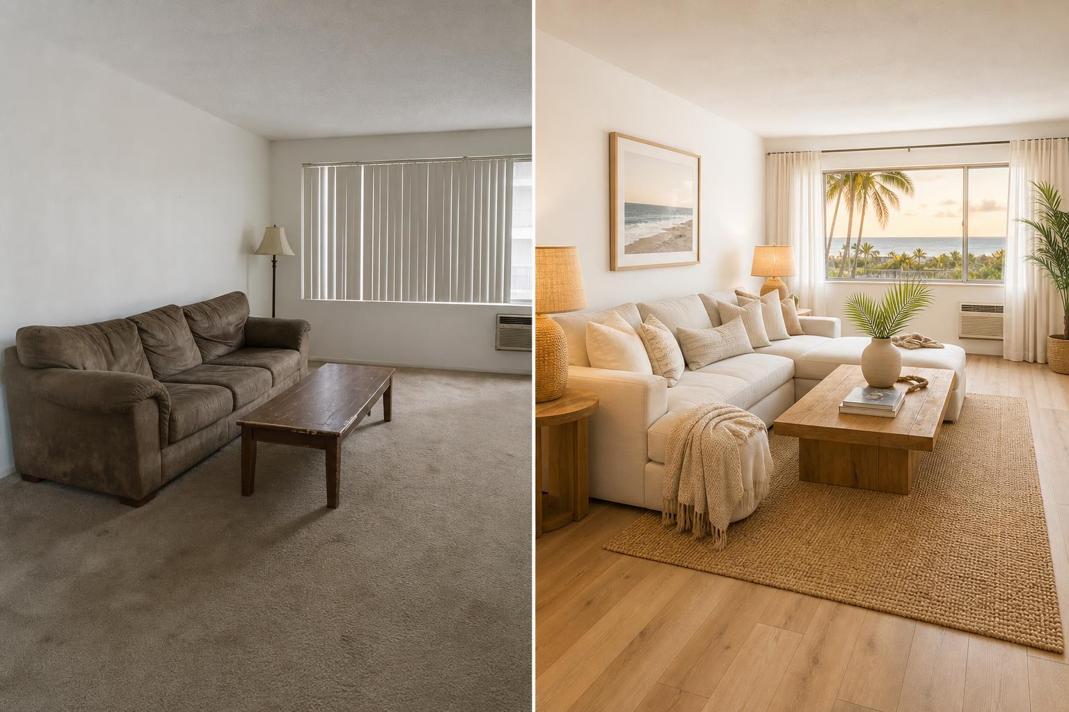 Before and after of a Hawaiian short-term rental living room — neglected on the left, professionally staged on the right