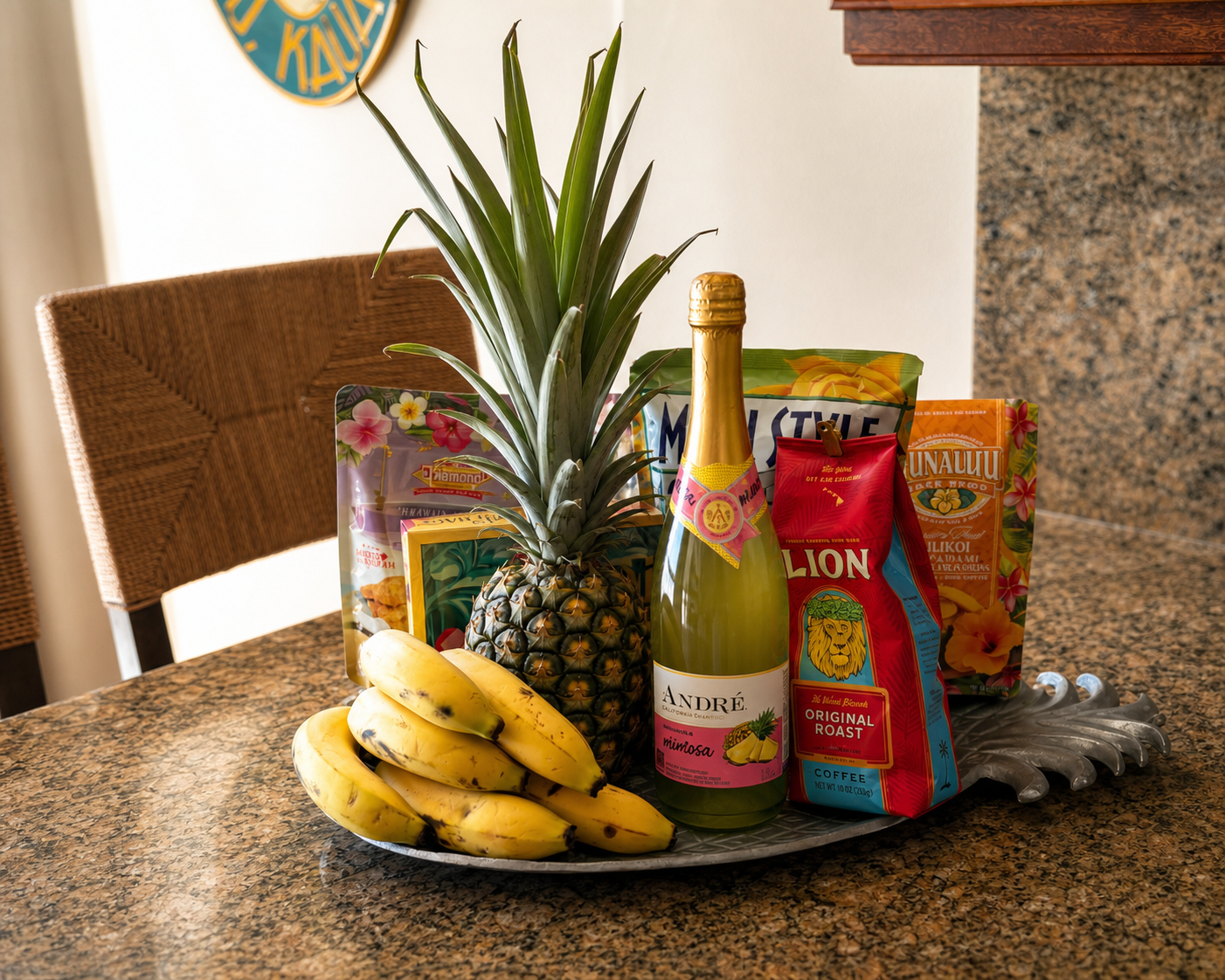 Welcome basket with Kona coffee, soaps, and plumeria