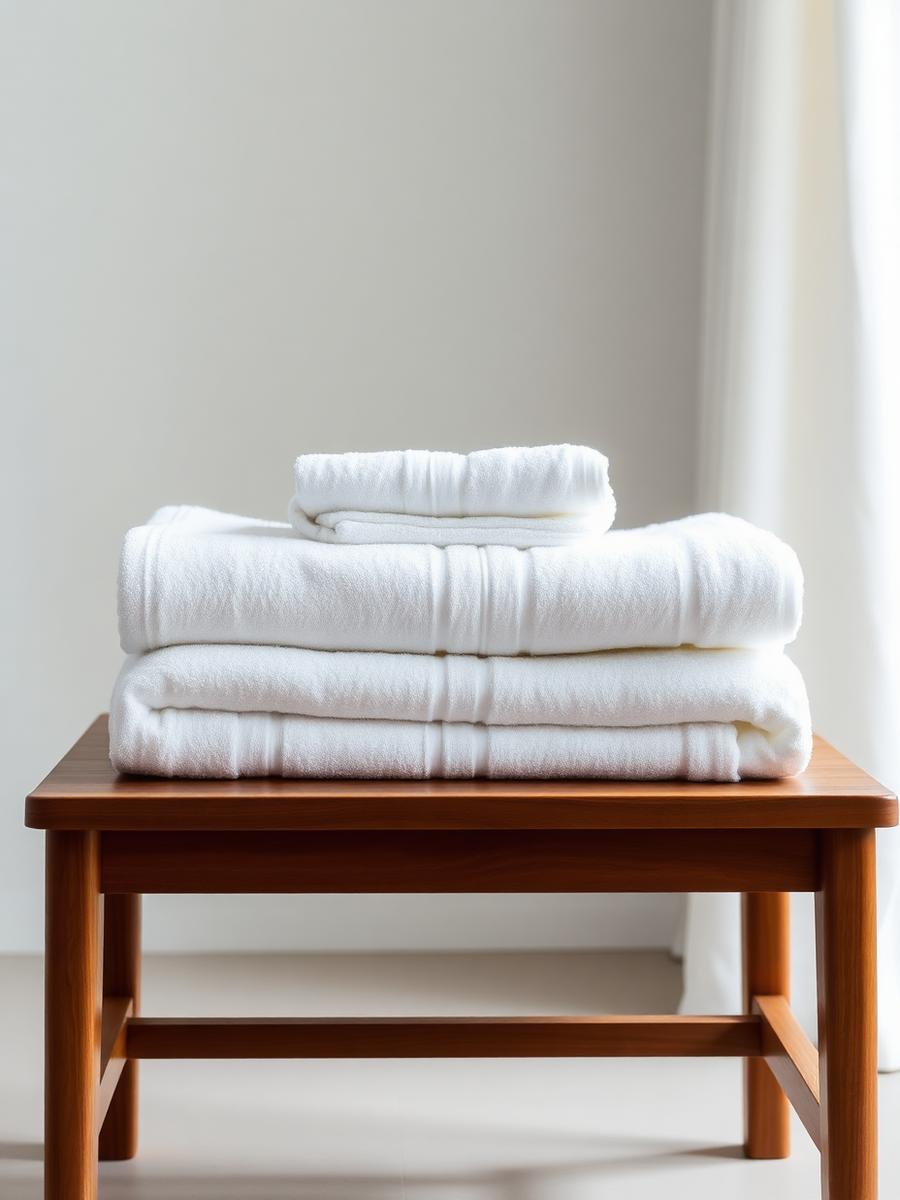 White folded linens on a teak bench